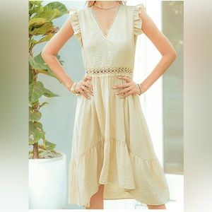 Womens Ruffle Sleeve Smocked Waist Midi Dress